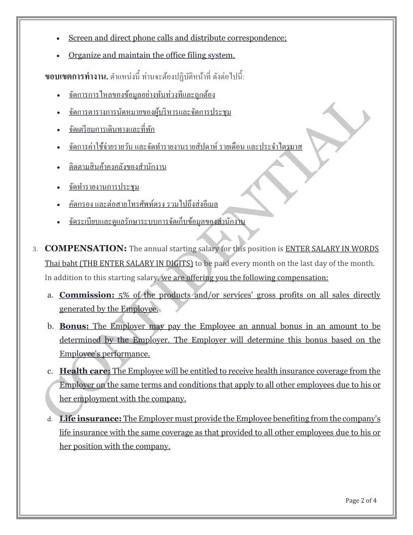 Professionally prepared employee offer of employment compliant to Thai Law Page 2